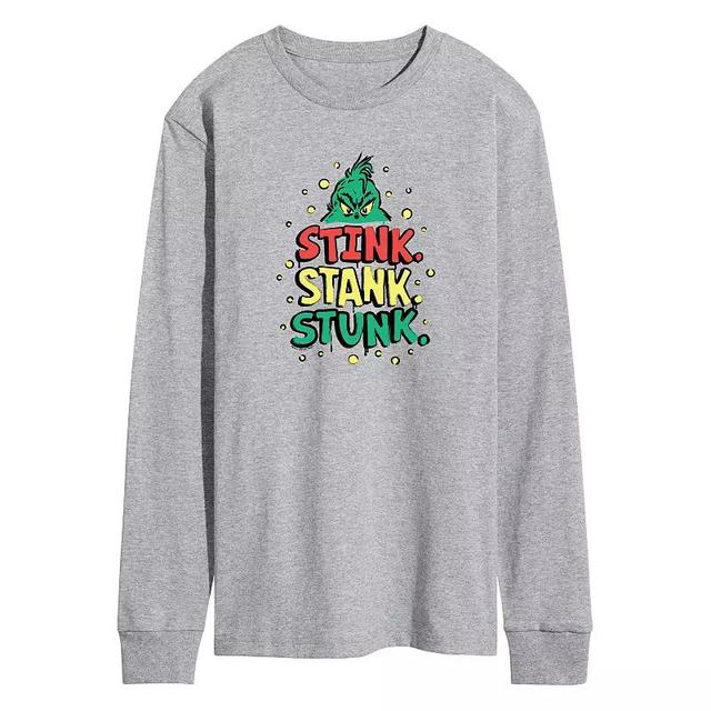 Mens Dr. Seuss The Grinch Stink Stank Stunk Long Sleeve Graphic Tee Grey Gray Product Image