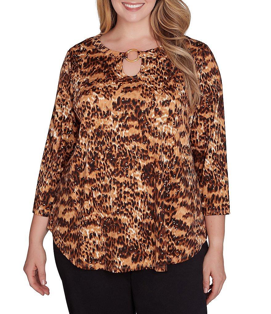 Ruby Rd. Plus Size Knit Animal Print Keyhole Ring Detail 3/4 Sleeve Dew Drop Accent Top Product Image