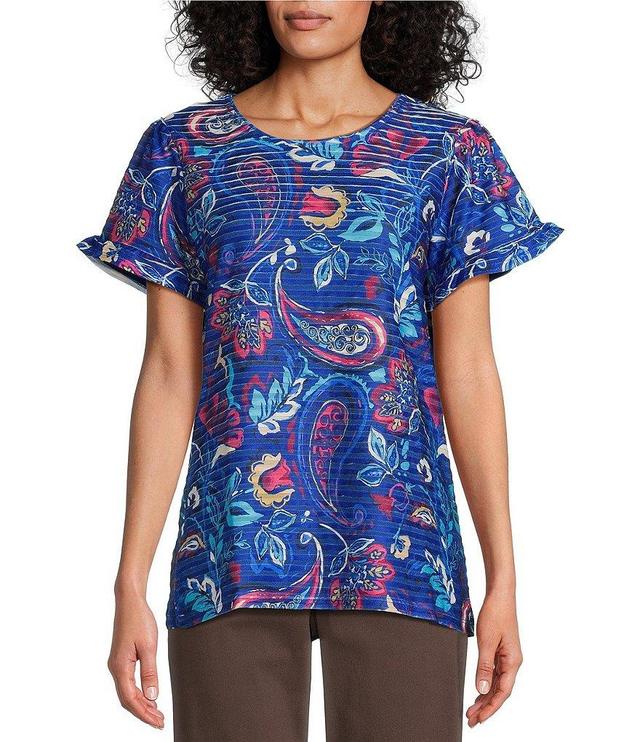 Allison Daley Petite Size Floral Paisley Print Short Ruffle Sleeve Crew Neck Knit Top Product Image