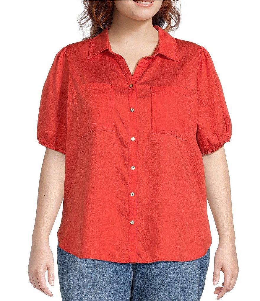 Nurture by Westbound Plus Size Woven Short Puff Sleeve Button Front Top Product Image