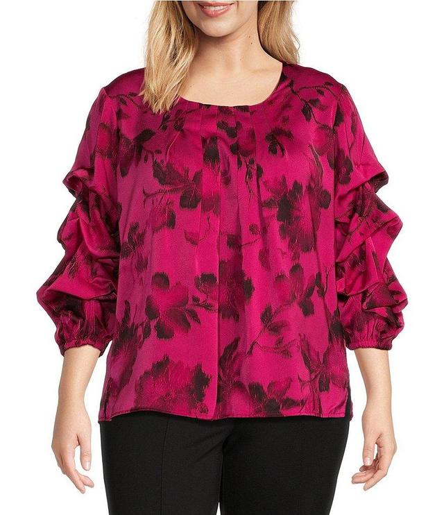 Slim Factor by Investments Plus Size Tonal Floral Print Scoop Neck 3/4 Tier Sleeve Top Product Image