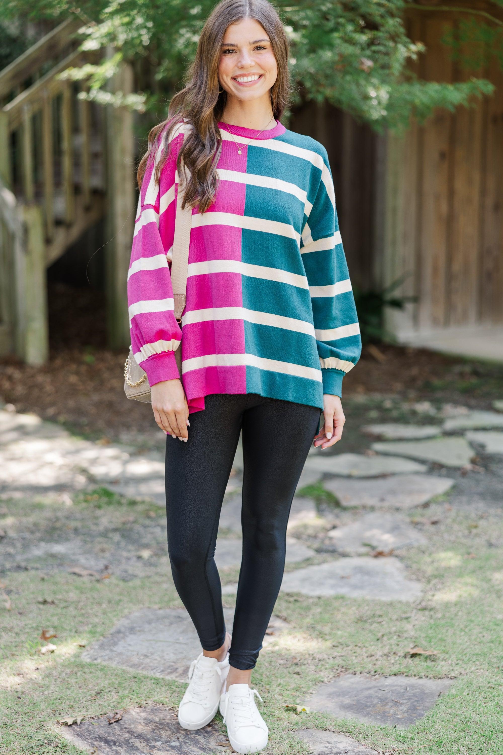 Live It Up Fuchsia/Teal Striped Sweater Female Product Image