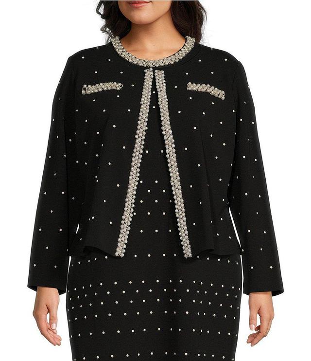 Ming Wang Plus Size Deco Crepe Embellished Round Neck Long Sleeve Jacket Product Image