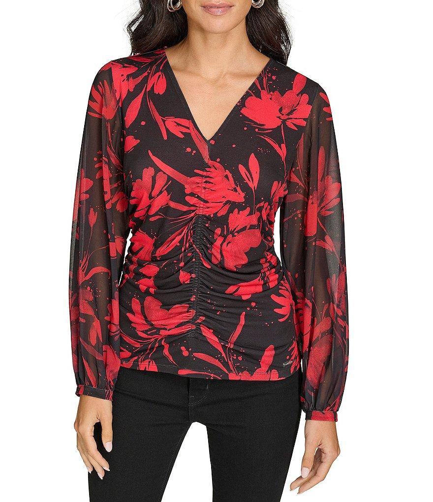 Calvin Klein Printed Chiffon V-Neck Long Sleeve Gathered Top product image