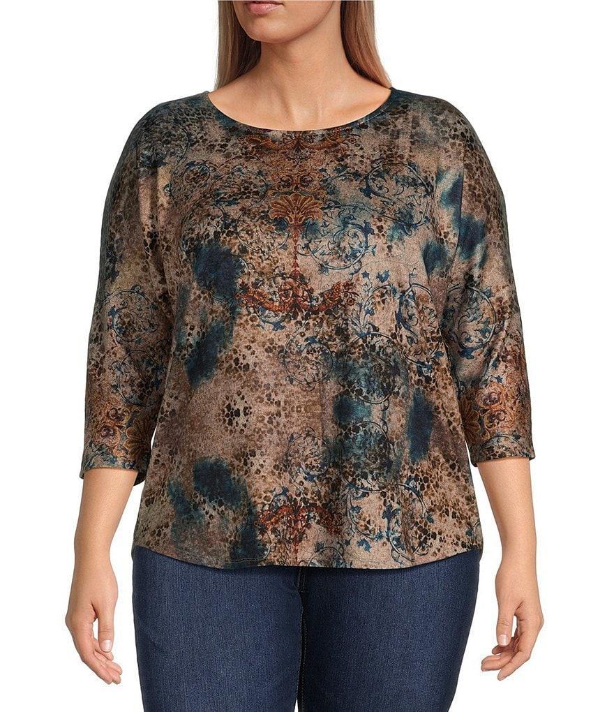 Leo & Nicole Plus Size Knit Paisley Print Crew Neck 3/4 Dolman Sleeve Top Product Image