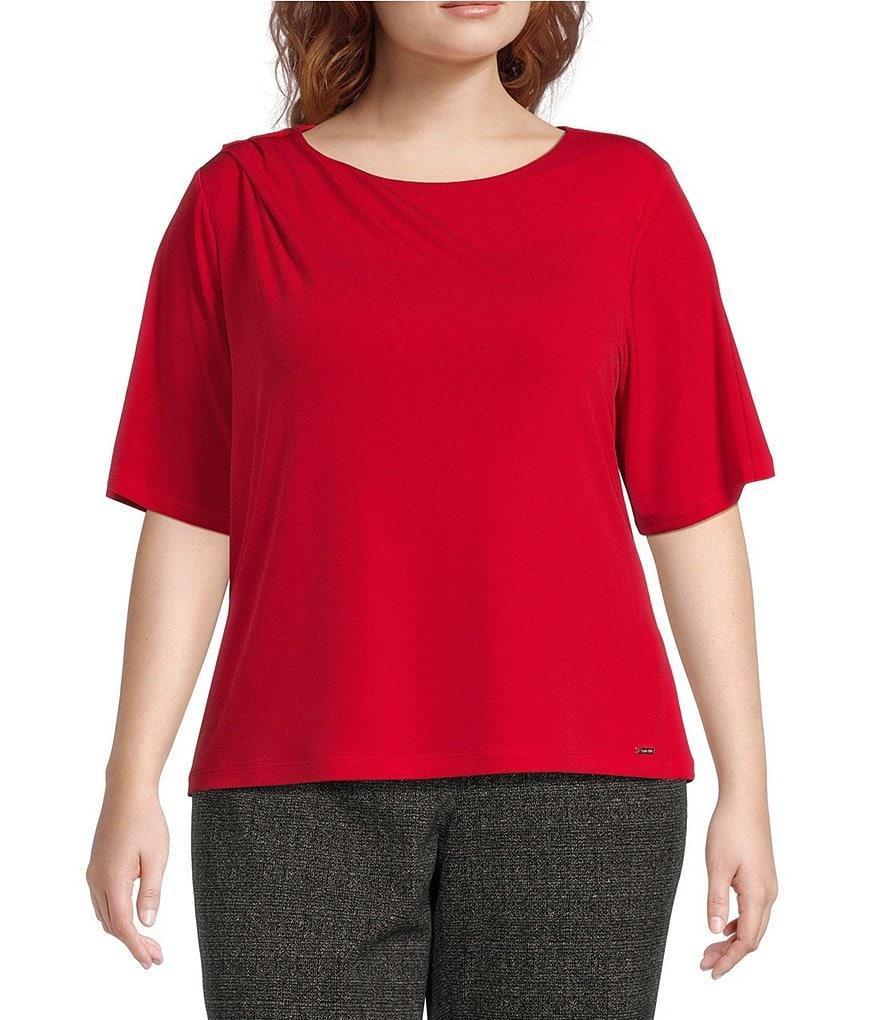 Calvin Klein Plus Size Solid Crew Neck Elbow Sleeve Draped Top Product Image