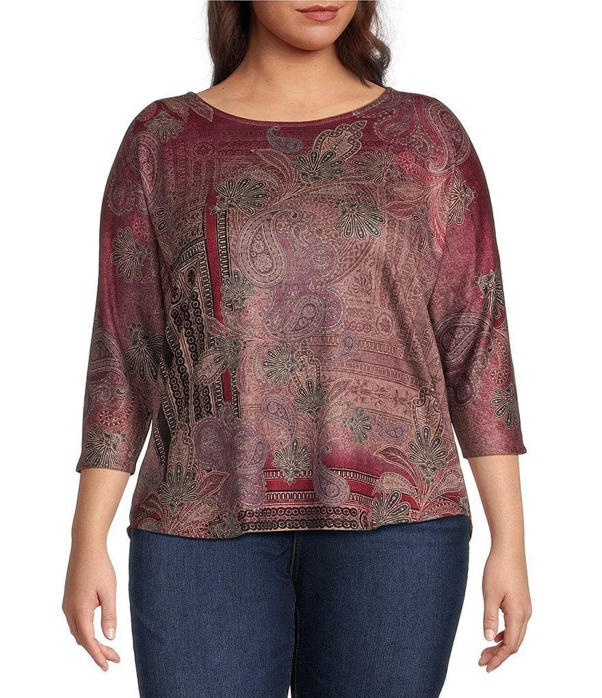 Leo & Nicole Plus Size Knit Paisley Patrol Print Crew Neck 3/4 Dolman Sleeve Top Product Image