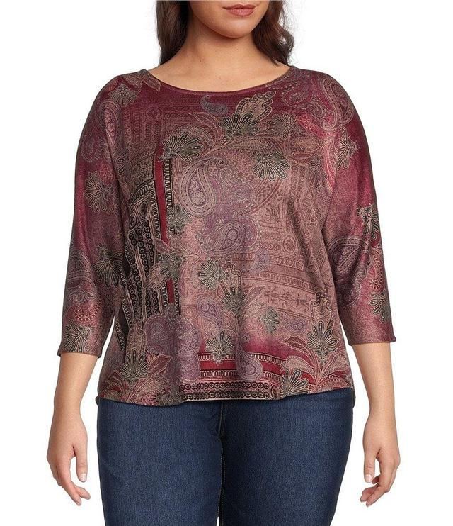 Leo & Nicole Plus Size Knit Paisley Patrol Print Crew Neck 3/4 Dolman Sleeve Top Product Image