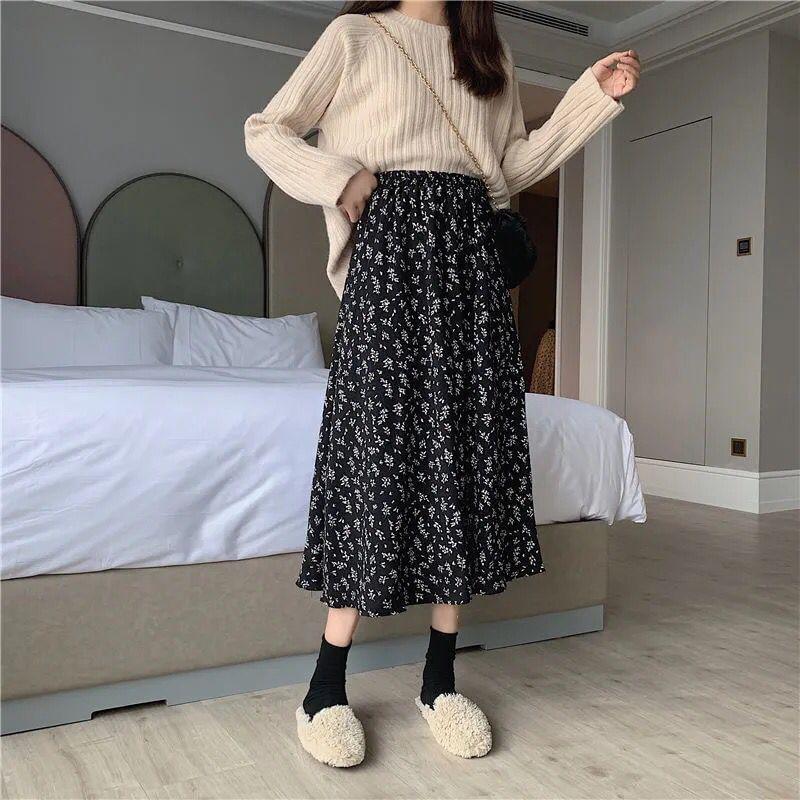 Elastic Waist Floral Print Midi A-Line Skirt Product Image