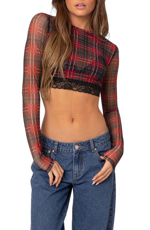 EDIKTED Noel Plaid Lace Trim Semisheer Mesh Crop Top Product Image