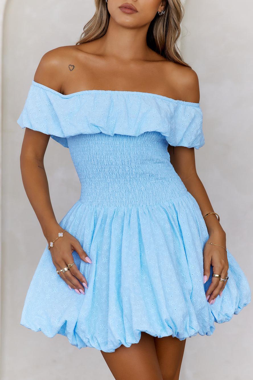 Island Light Off Shoulder Bubble Mini Dress Blue Product Image