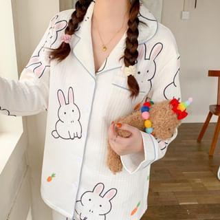 Pajama Set: Long Sleeve Collared Rabbit Print Shirt + High Waist Straight Leg Pants Product Image