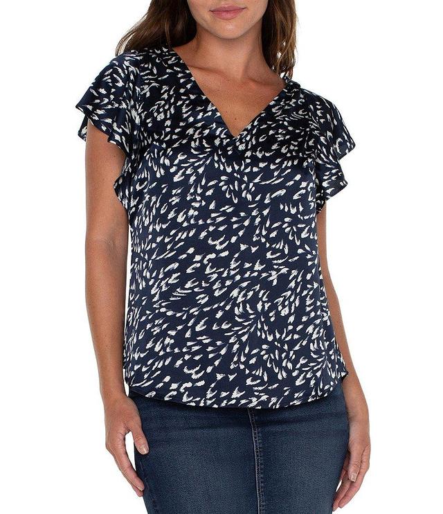 Liverpool Los Angeles Printed V-Neck Short Flutter Sleeve V-Back Blouse Product Image