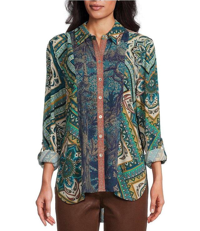 John Mark Woven Mixed Scarf Print Point Collar Neck Long Sleeve Button Front Blouse Product Image