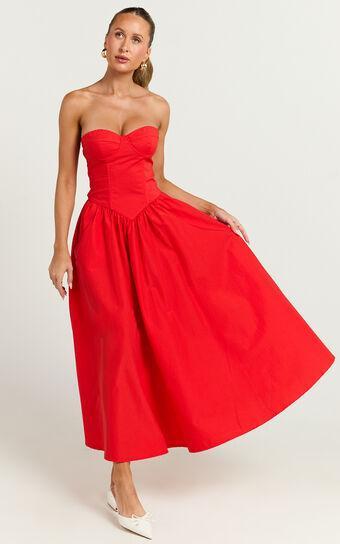 Daria Midi Dress - Strapless Corset Gathered Dress in Red Product Image