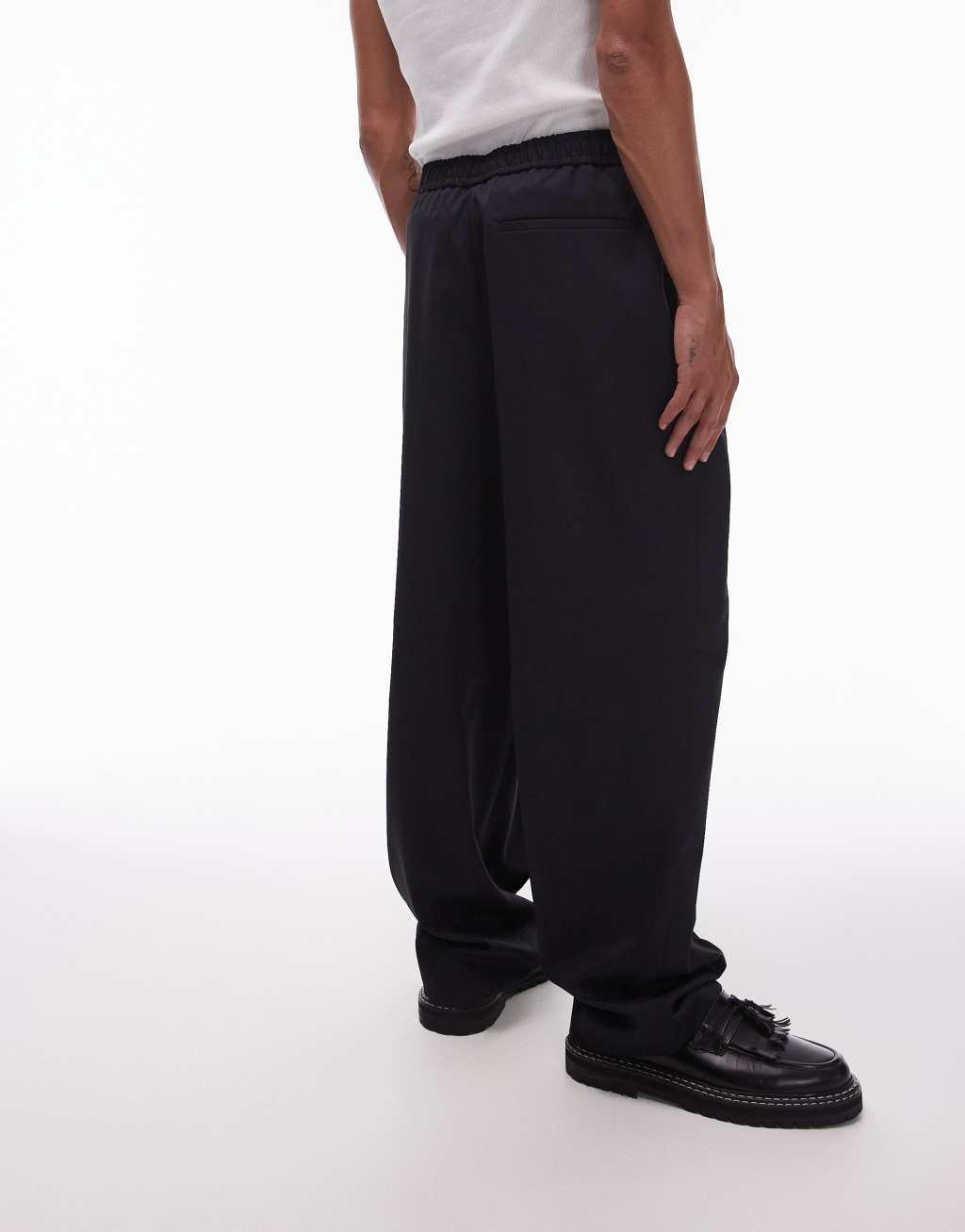 Topman elastic waist wide leg pants in navy Product Image