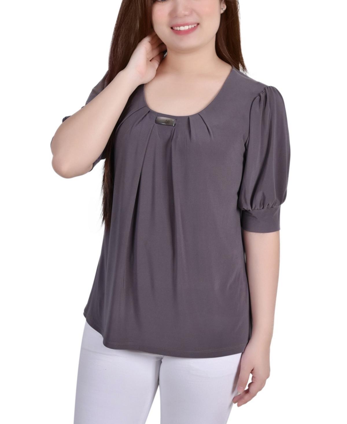 NY Collection Petite Puff Sleeve Pleated Front Blouse -BLUE Product Image