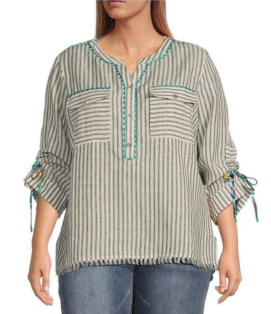 John Mark Plus Size Stripe Embroidered Split Round Neck Chest Pocket 3/4 Sleeve Tunic Product Image