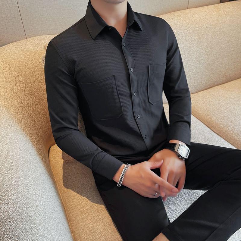 Long Sleeve Collared Plain Shirt Product Image