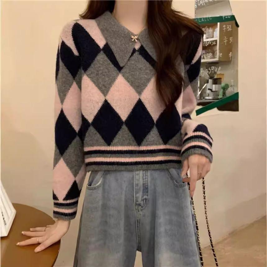 Long-Sleeve Argyle Print Polo-Neck Sweater Product Image