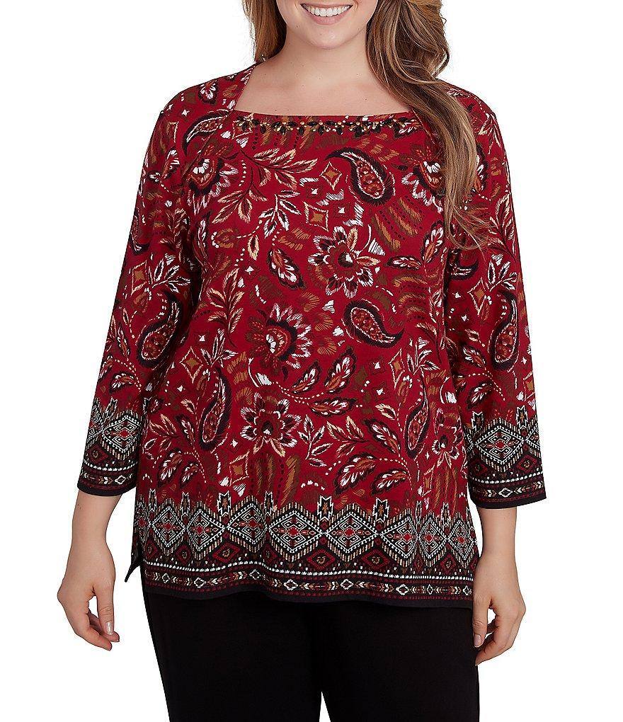 Ruby Rd. Plus Size Paisley Border Print Embellished Boat Neck 3/4 Sleeve Knit Top Product Image