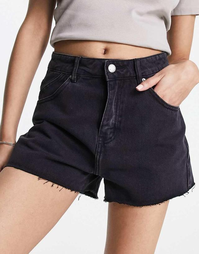 Urban Revivo high rise denim shorts with raw hem in black Product Image