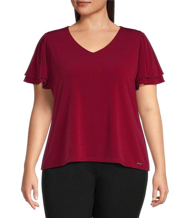 Calvin Klein Plus Size Matte Jersey Knit V-Neck Short Tier Sleeve Top Product Image