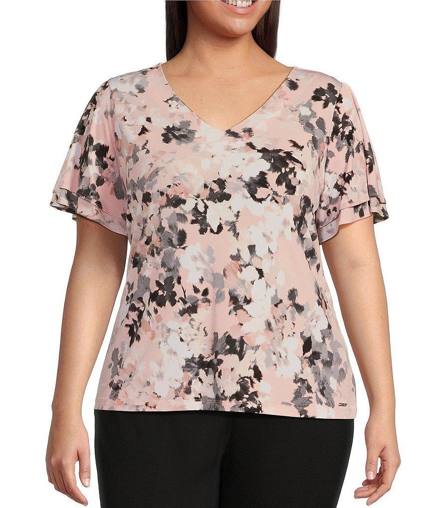 Calvin Klein Plus Size Floral Print Matte Jersey V-Neck Short Short Flutter Sleeve Top Product Image