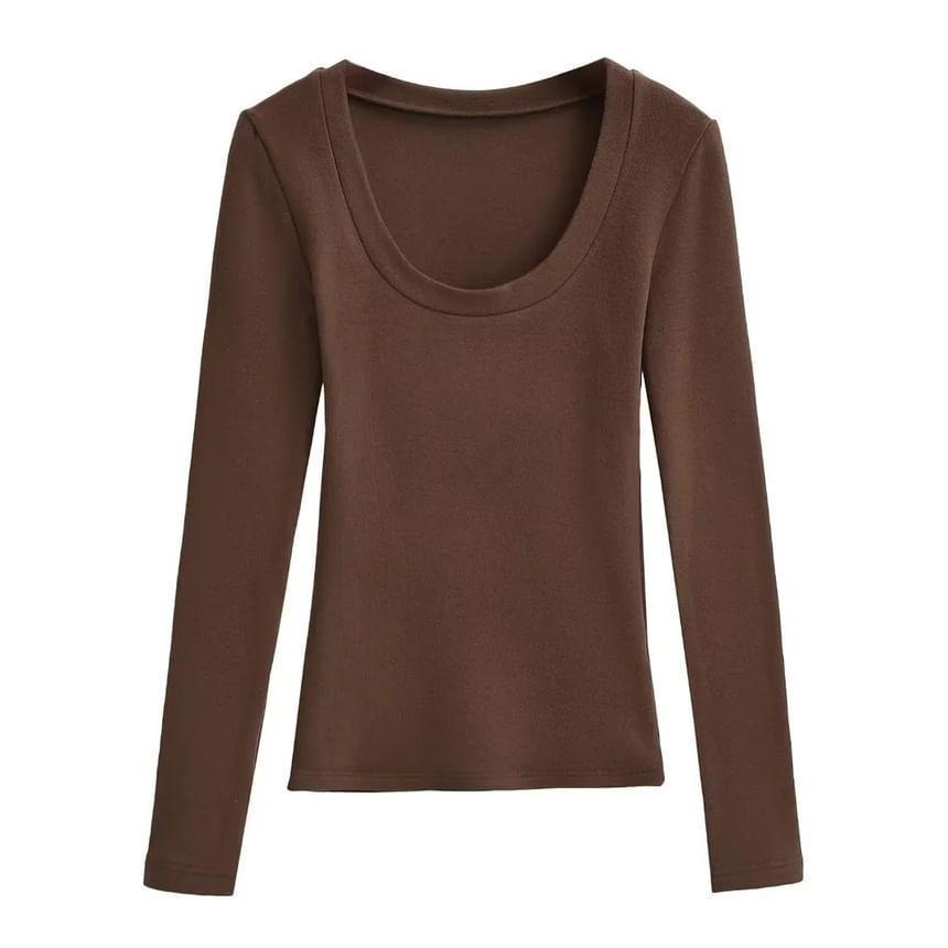 Long Sleeve Scoop Neck Plain Crop T-Shirt Product Image