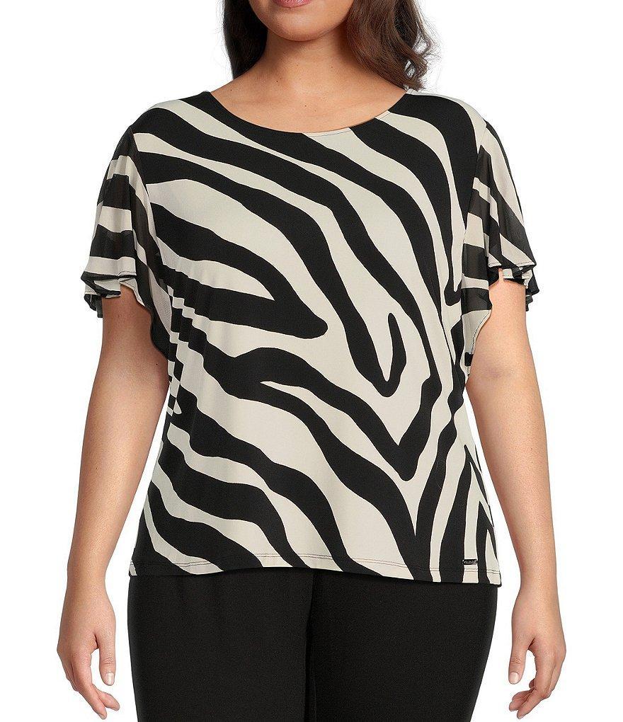 Calvin Klein Plus Size Zebra Print Mesh Round Neck Short Flutter Sleeve Top Product Image