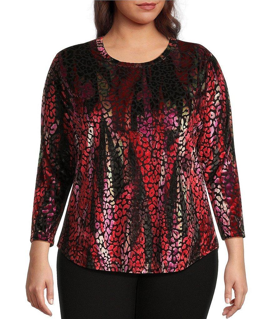 Calessa Plus Size Knit Burnout Velvet Abstract Wave Print Crew Neck Long Sleeve Tunic Product Image