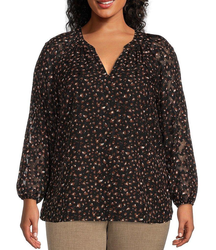 Kasper Plus Size Jacquard Chiffon Split V-Neck Long Ruched Sleeve Blouse Product Image