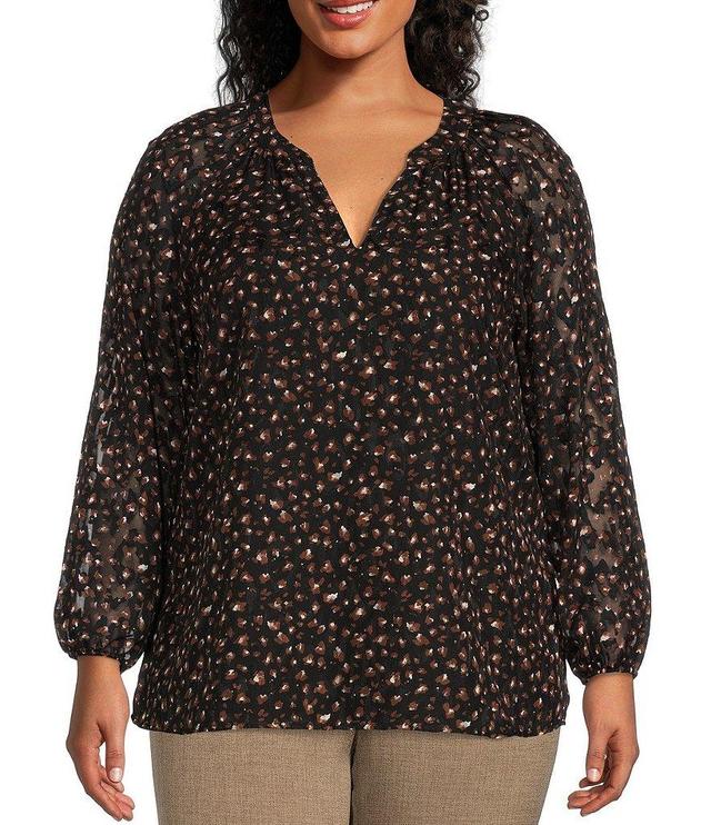 Kasper Plus Size Jacquard Chiffon Split V-Neck Long Ruched Sleeve Blouse Product Image