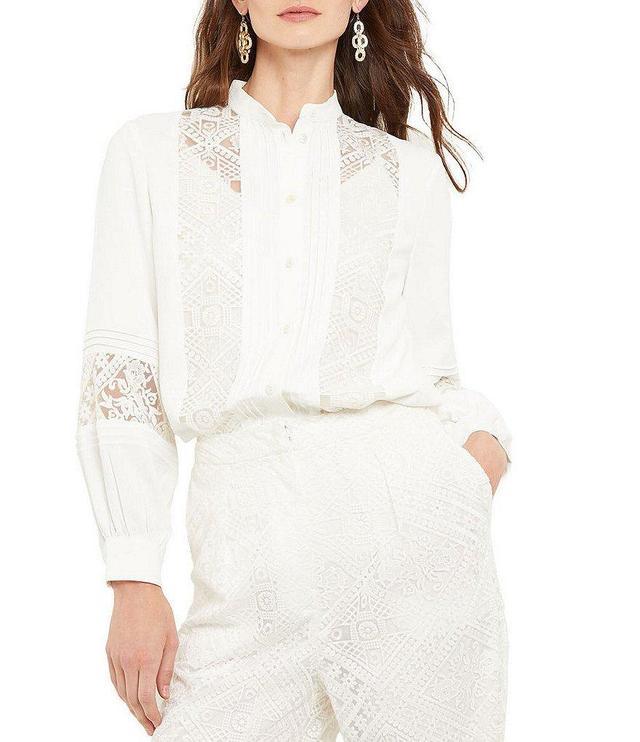 MISOOK Crepe de Chine Woven Band Collar Long Sleeve Lace Trim Detail Button-Front Blouse Product Image