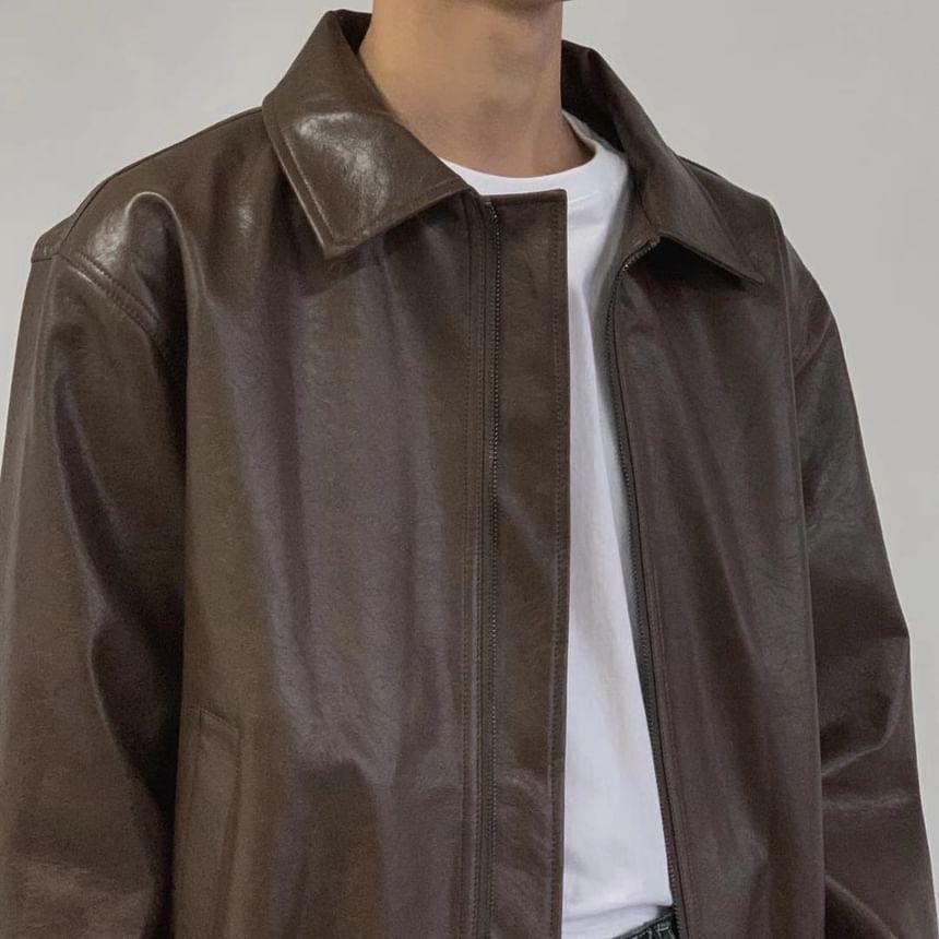 Collared Plain Zip-Up Faux Leather Jacket Product Image