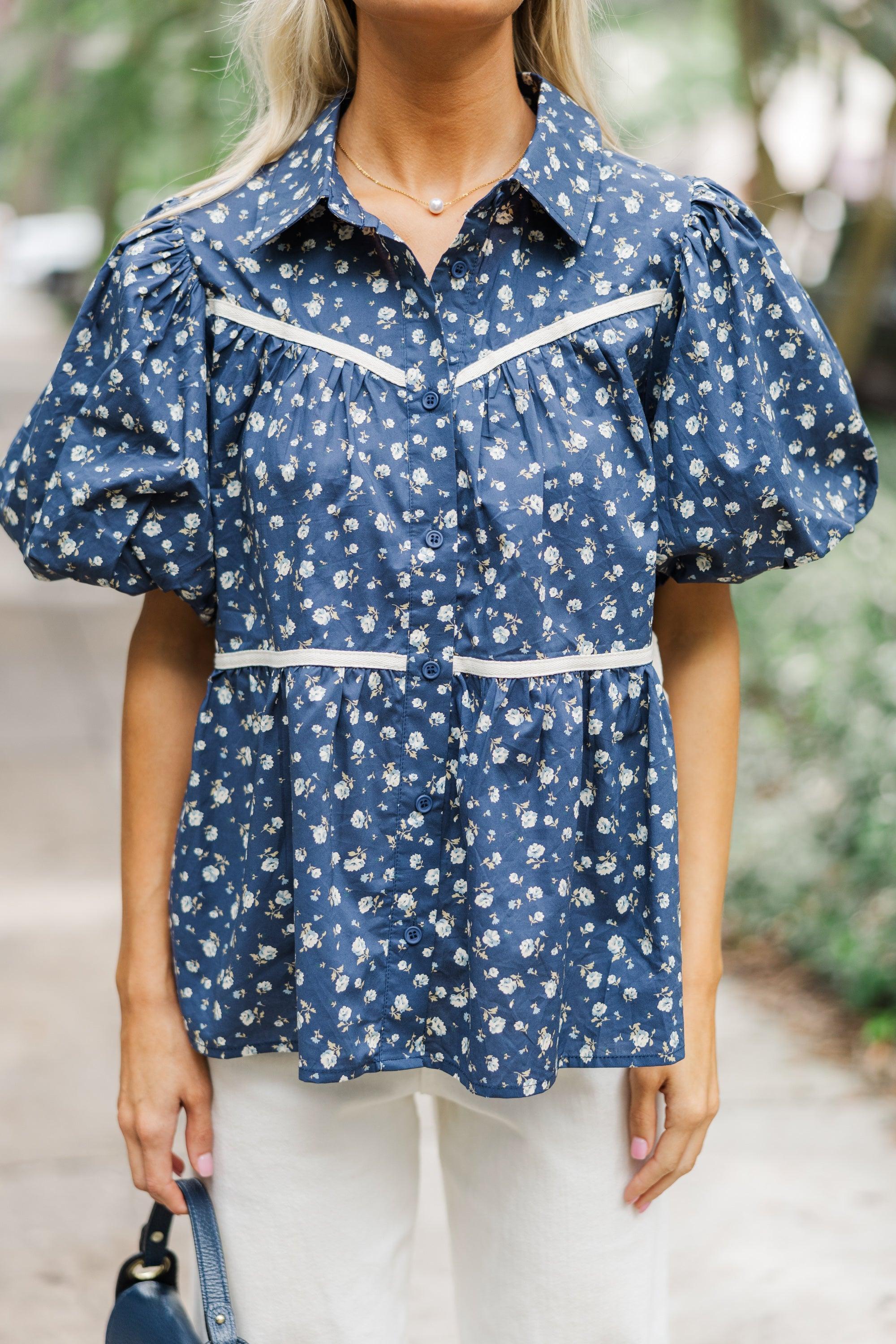 Know Your Worth Navy Blue Ditsy Floral Blouse Female Product Image