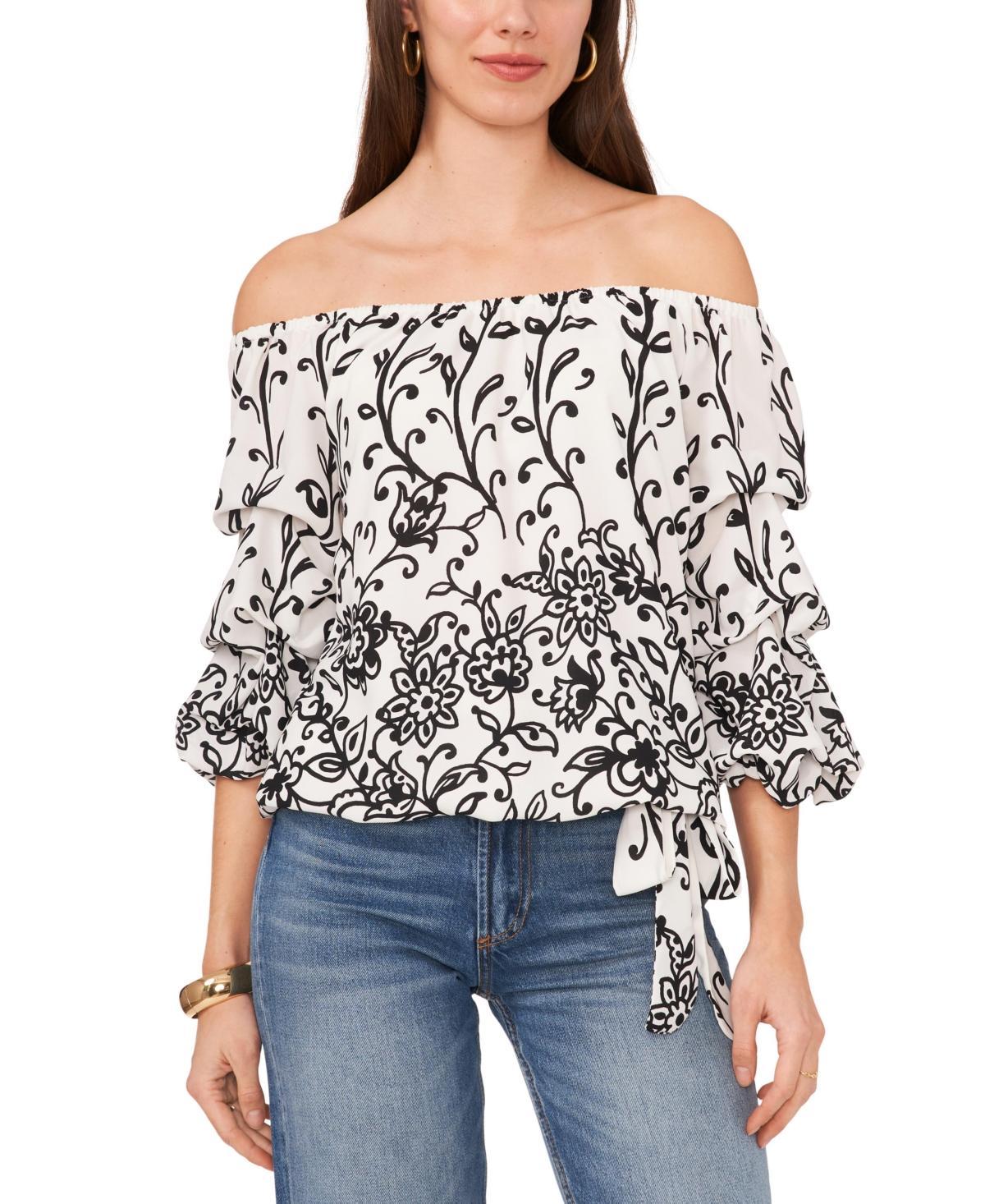 Vince Camuto Womens Floral Off The Shoulder Bubble Sleeve Tie Front Blouse product image