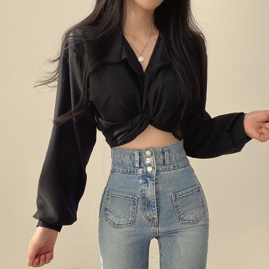 Long-Sleeve Tie-Strap Cropped Blouse product image