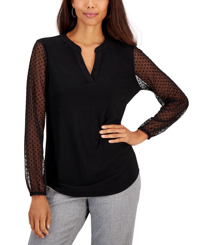 Kasper Womens Sheer-Sleeve Split-Neck Knit Top, Regular and Petite Sizes Product Image