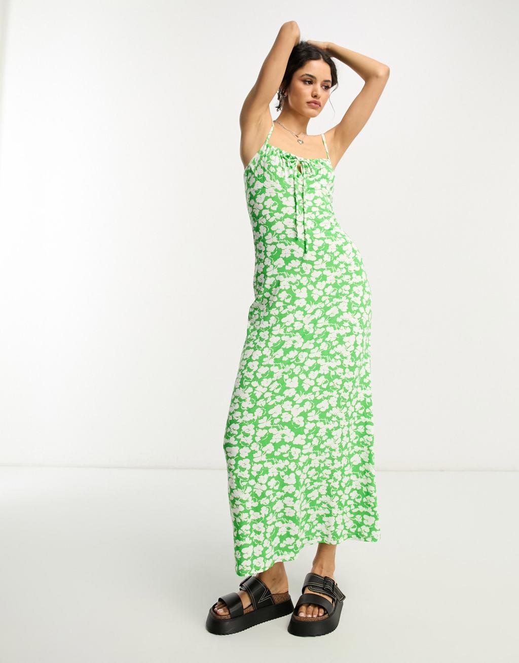 ASOS DESIGN strappy ruched bust midi dress in green and white floral product image