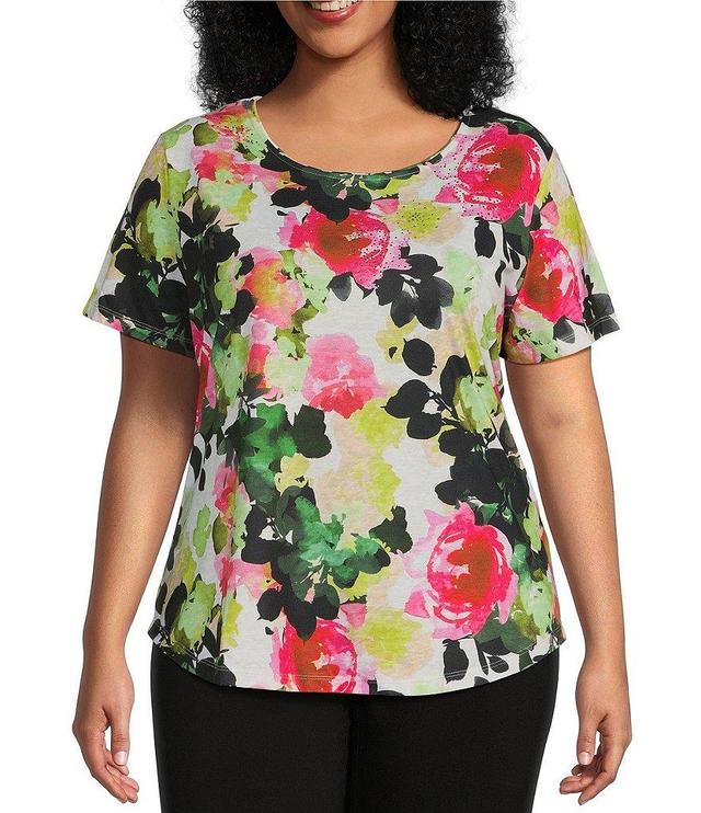 Allison Daley Plus Size Watercolor Rose Print Embellished Short Sleeve Crew Neck Art Tee Shirt Product Image