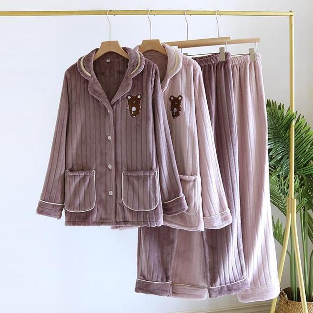 Pajama Set: Teddy Bear Accent Button-Up Jacket + Pants Product Image