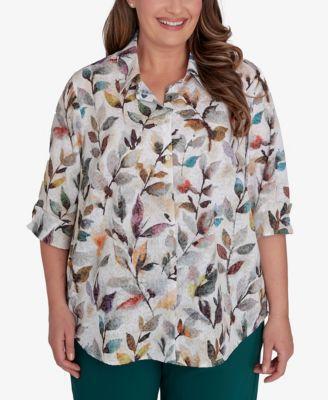 Plus Size Classic Water Colo Leaf Filled Button Down Top Product Image