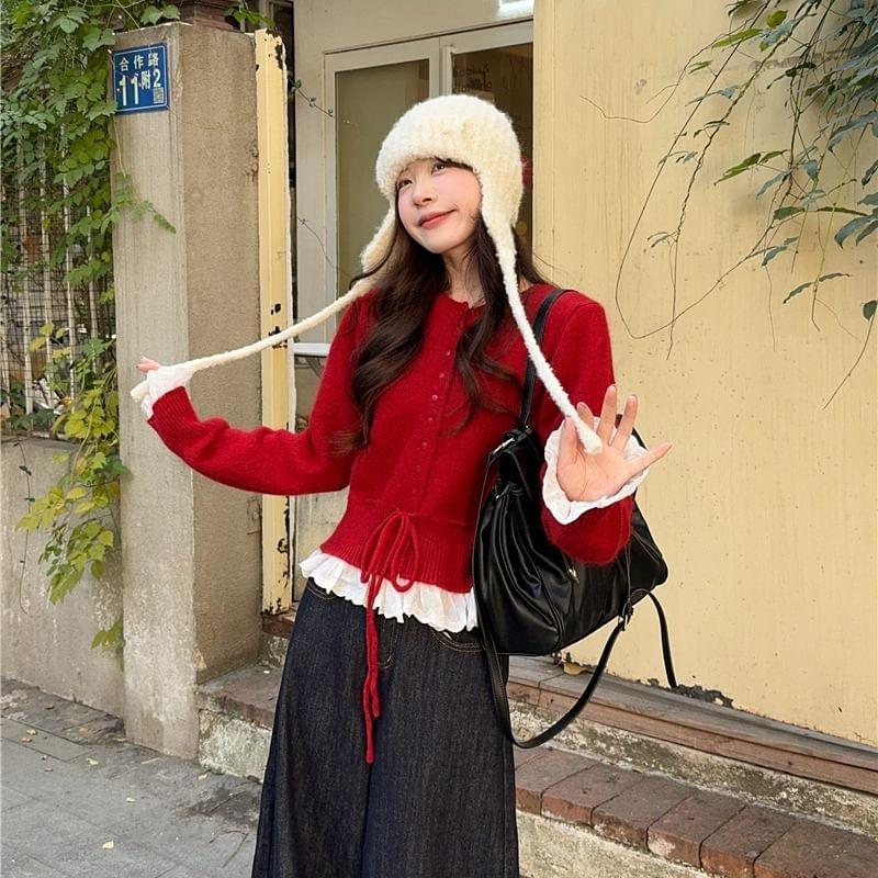 Plain Drawstring Button-Up Cardigan Product Image