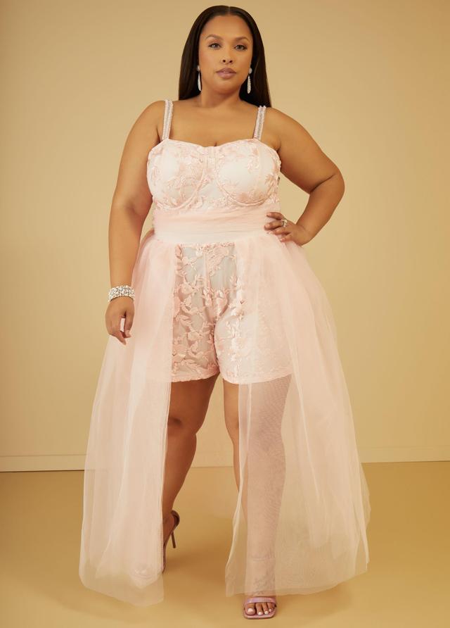 Plus Size Embroidered Tulle Train Romper, - Ashley Stewart Product Image