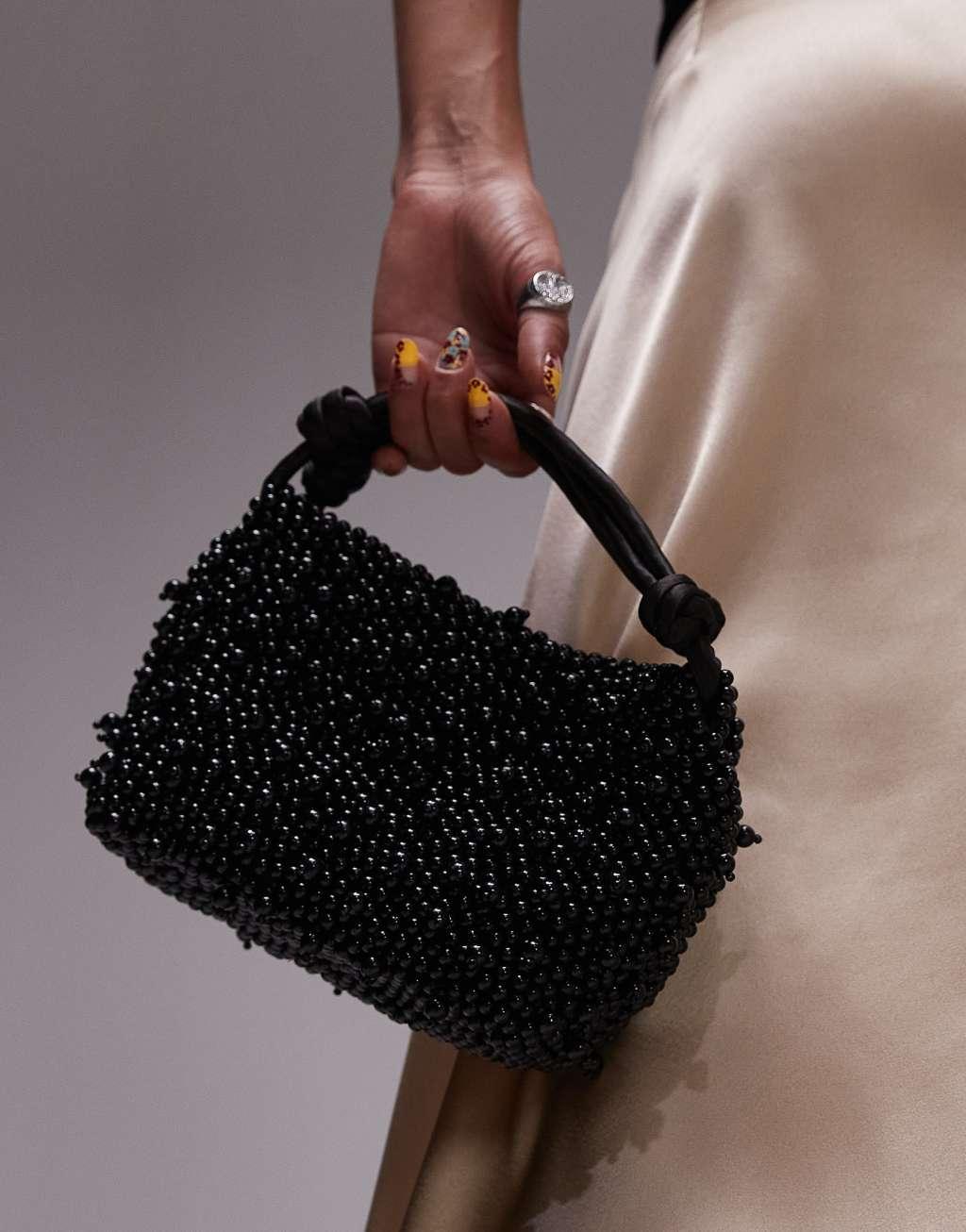 Topshop Gru embellished grab bag in black beading Product Image