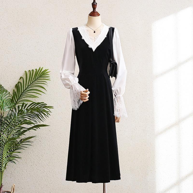 Long Sleeve V-Neck Mock Two Piece Lace Panel Velvet Midi A-Line Dress Product Image