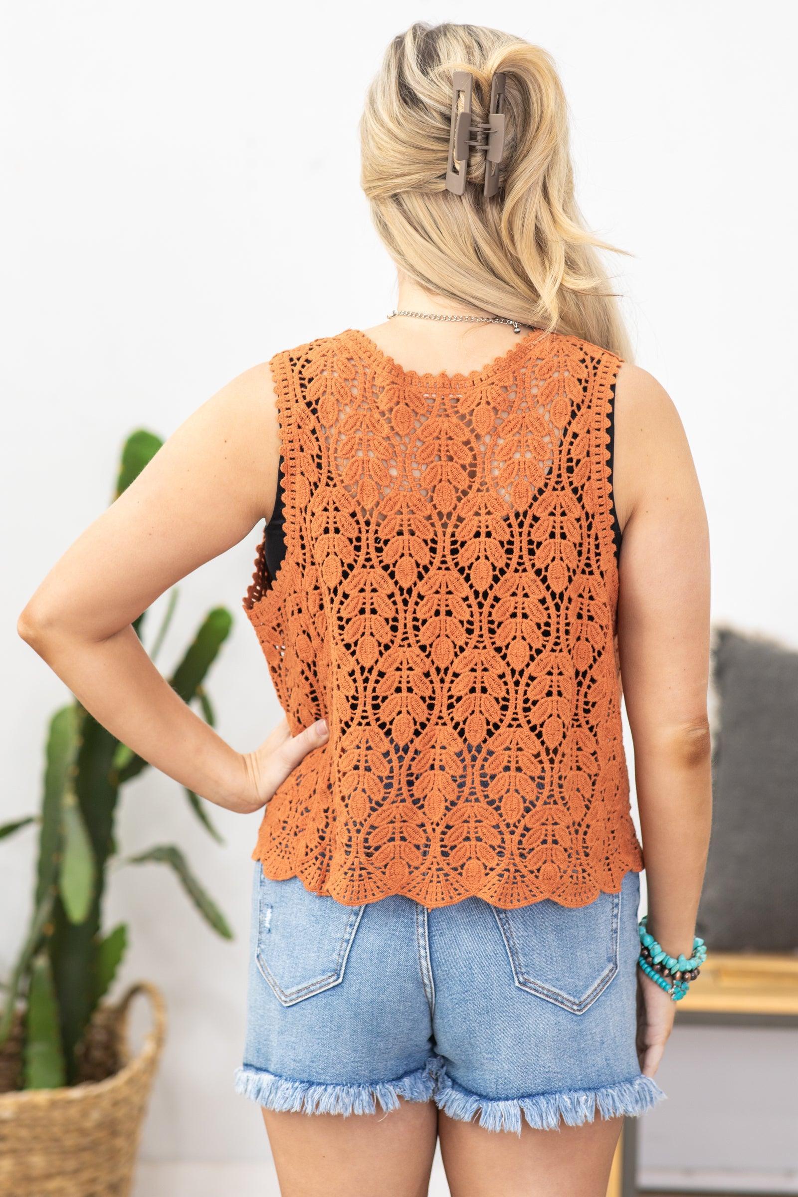 Burnt Orange Crochet Vest With Scallop Hem Product Image