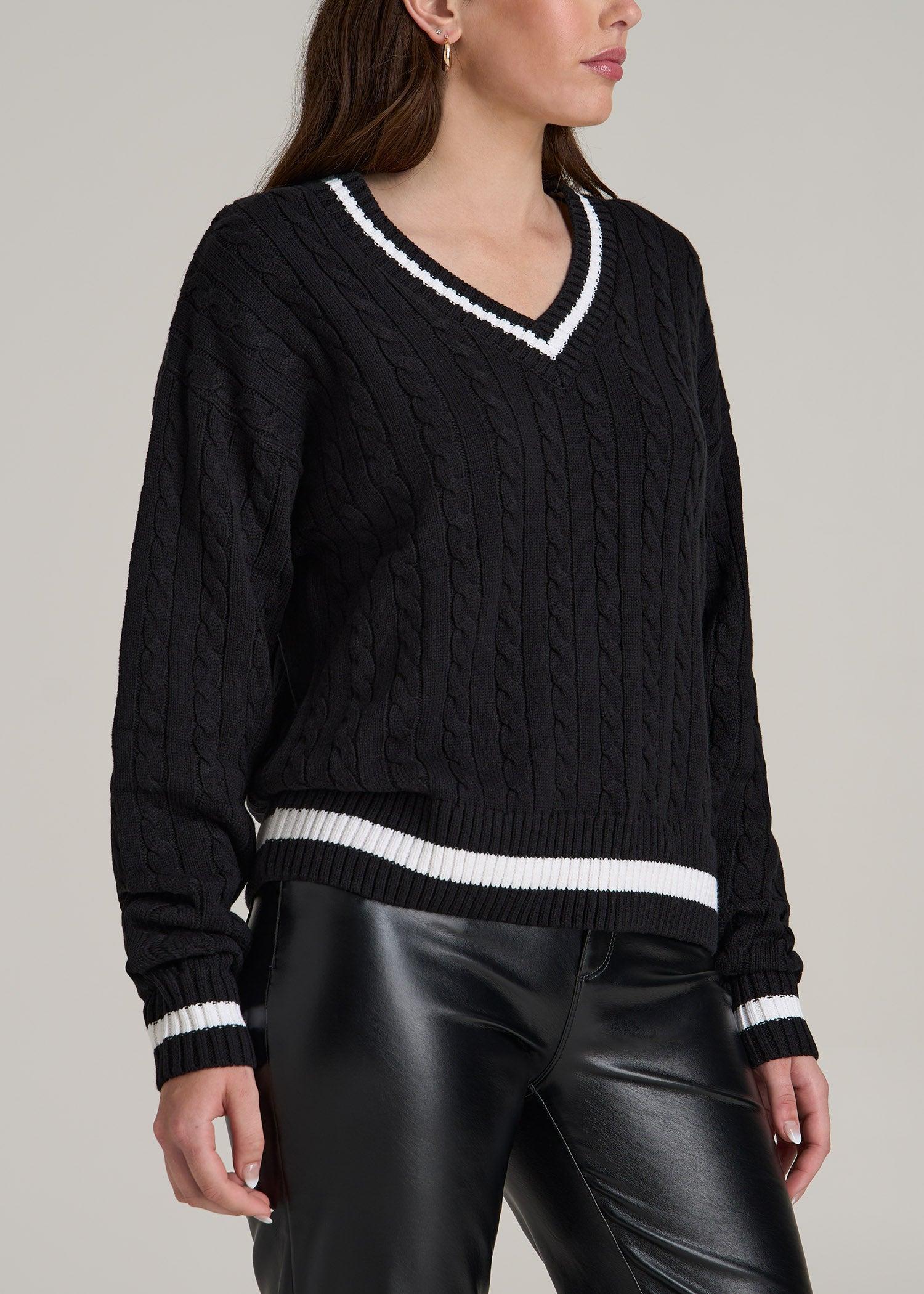 V-Neck Collegiate Sweater for Tall Women in Black and Bright White Female Product Image