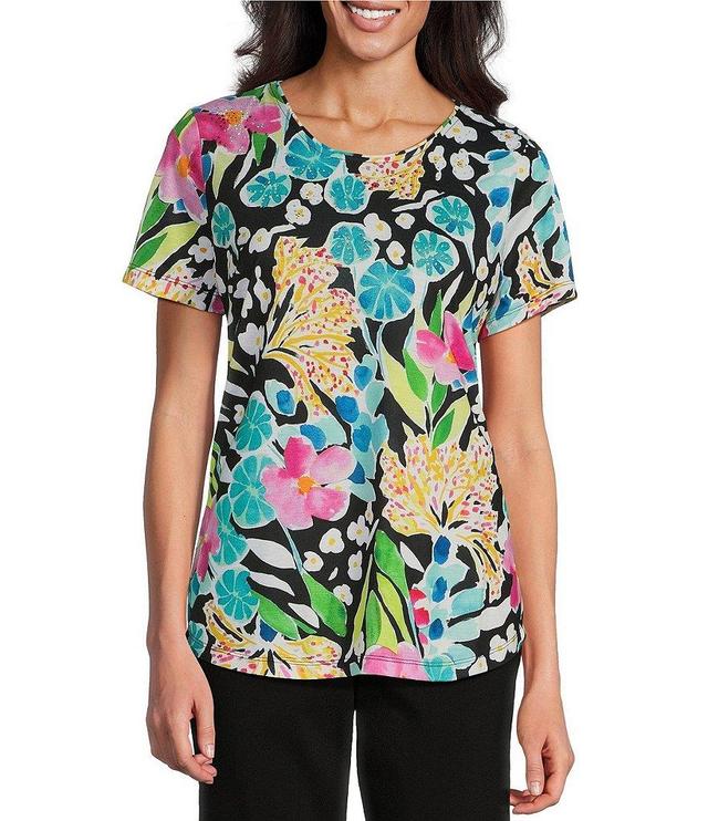 Allison Daley Petite Size Floral Print Short Sleeve Crew Neck Art Tee Shirt Product Image